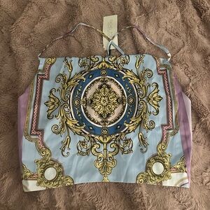 Rachel Zoe Versace inspired Blue and Gold Baroque Print Top